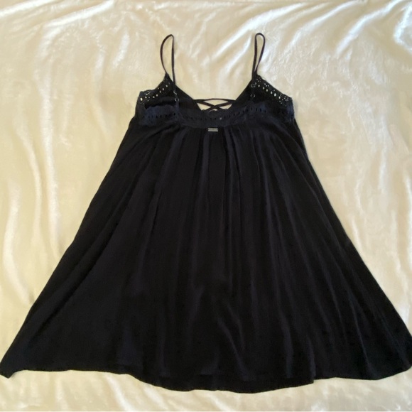 ROXY / Black Gauze Slip Dress Mini Size L Crochet Lace - Picture 2 of 15